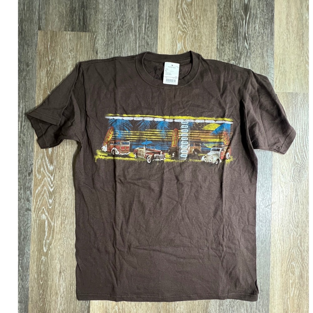 Hybrid Tees Graphic T-Shirt Mens Large Brown New Surf Beach Woody Wagon Retro